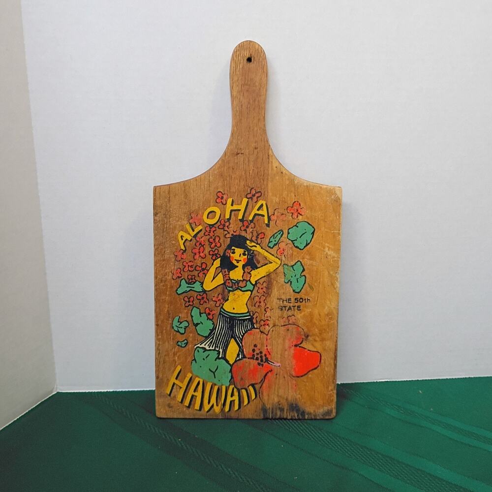 VTG Aloha Hawaii Wooden Cutting Board Hula Girl 50th State Souvenir Hand Painted